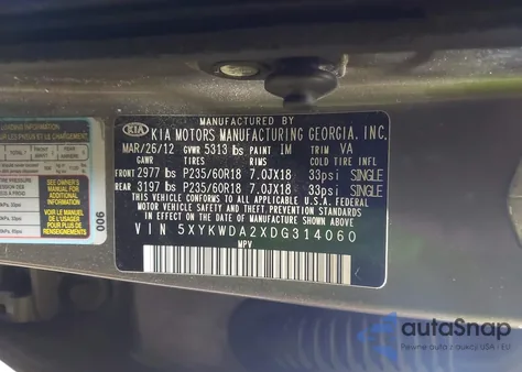 2013 Kia Sorento Sx V6 z USA, uszkodzony, nr VIN 5XYKWDA2XDG314060